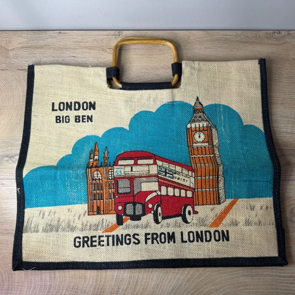 Greetings From London Big Ben Bus Souvenir Tote Bag Wooden Handle Retro Travel‎